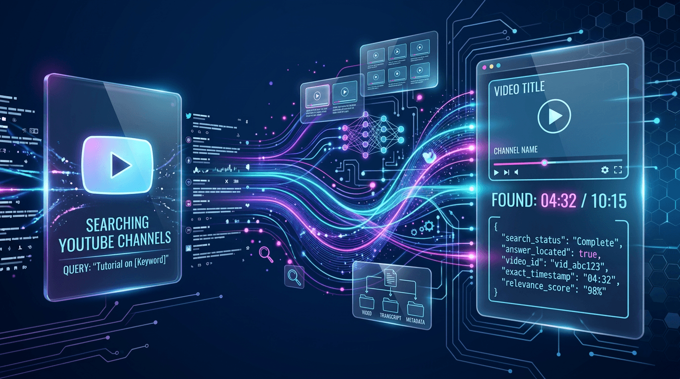 YouTube Channel Search showing semantic search results with timestamps